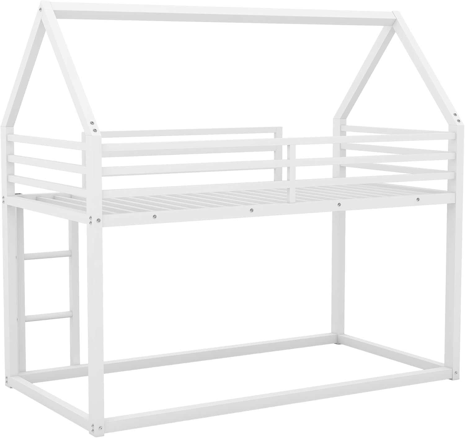 Full over Full Metal Floor Bunk Bed with Safety Guardrails and Roof Design for Kids,Girls, Boys,House Shaped Bunk Bed Frame,No Box Spring Required,White-4
