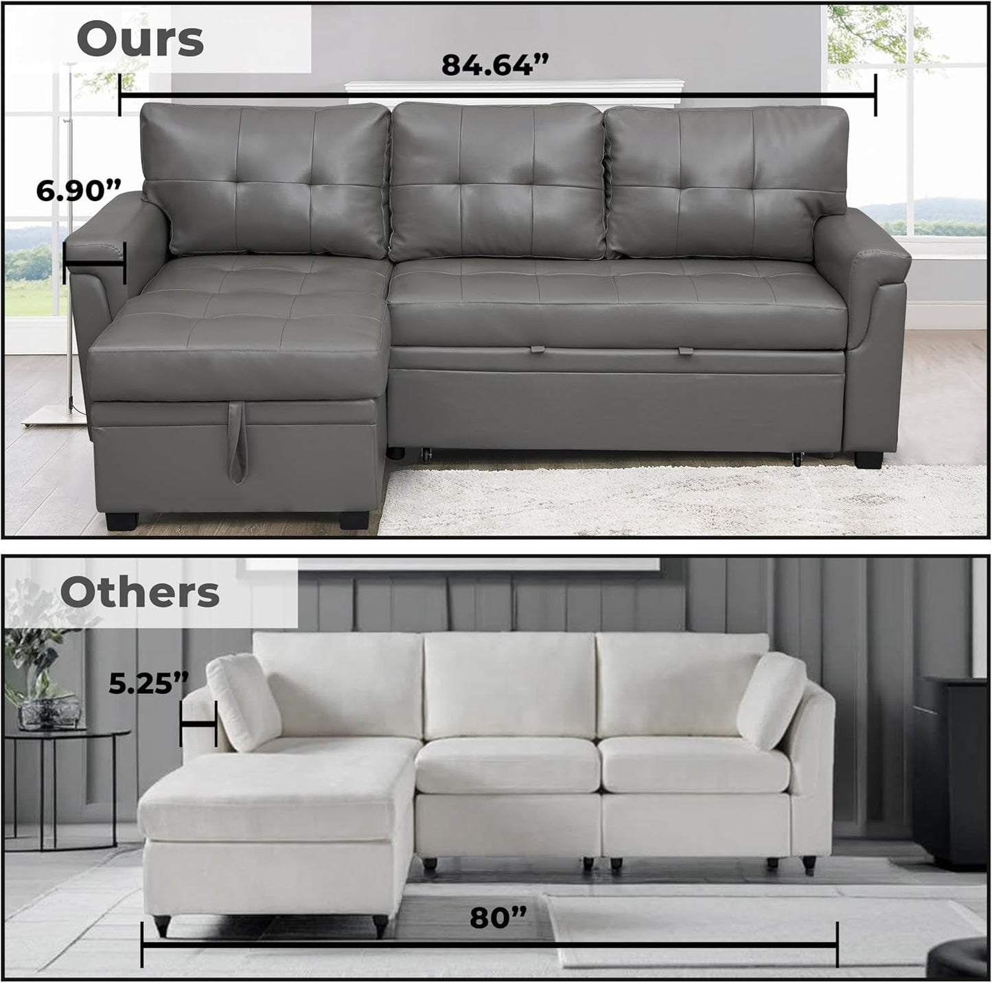 Jenny Sectional Sofa Sleeper with Storage Chaise, Tufted Pull Out Couch with Storage, Sectional Bed, L-Shaped Reversible Sleeper Sofa, Gray,Air Leather-3