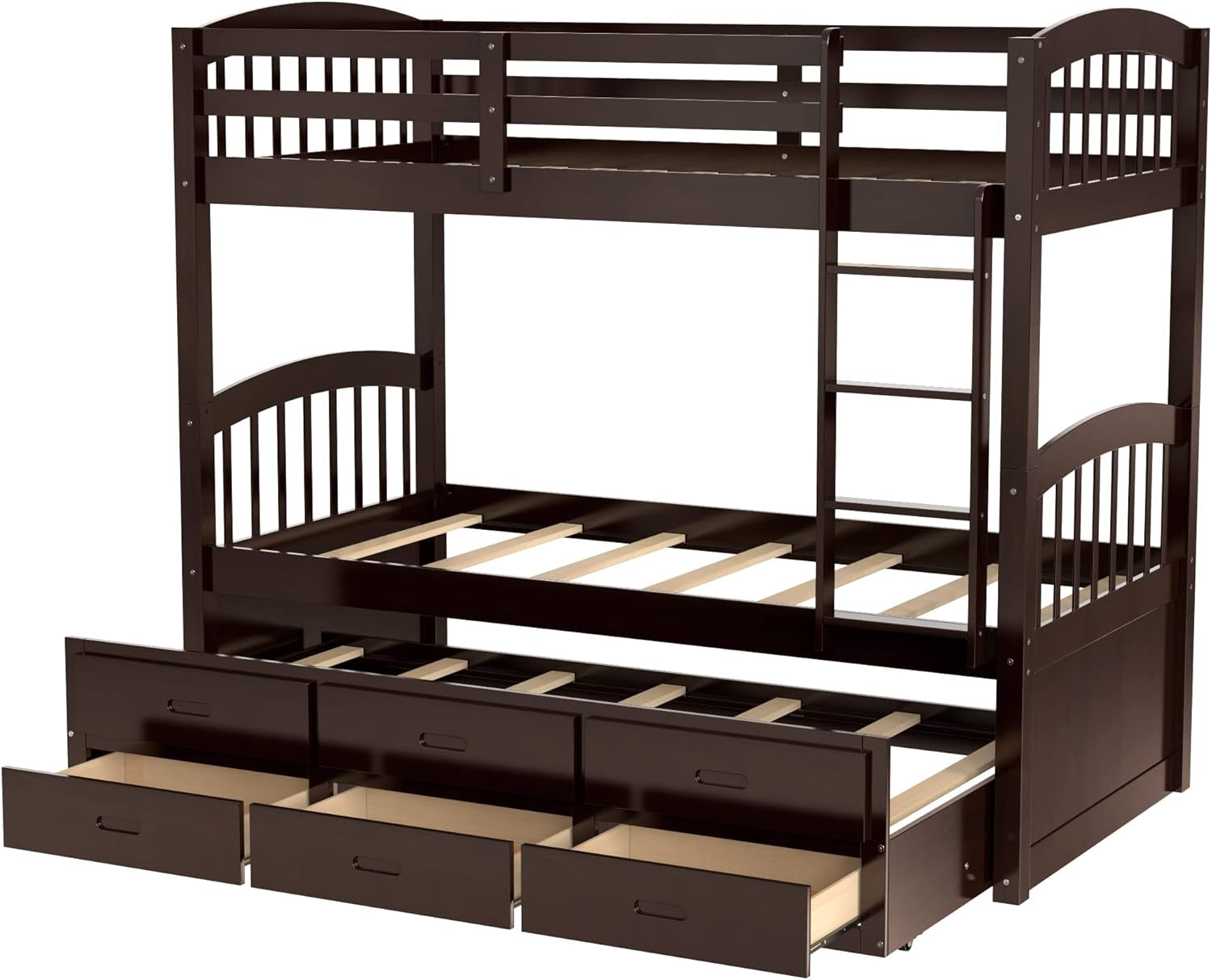 Twin over Twin Bunk Bed with Trundle and 3 Drawers, Solid Wood Bunk Bed Frame with Ladder and Full Guardrails, for Teens, Espresso-3
