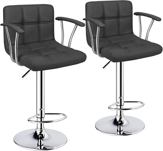 Bar Stools Set of 2,Armrest Adjustable Swivel Barstools with Back,Double Needle PU Leather Counter Height Bar Stools for Kitchen Island, Grey-0