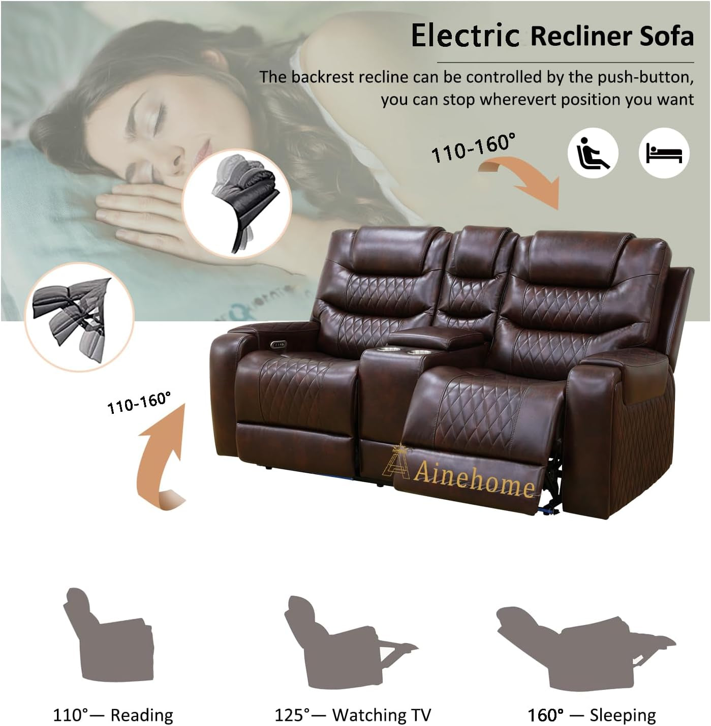 LED Power Recliner Sofa for Living Room Furniture Set, Leather Sectional Sofa Set, Reclining Sofa and Loveseat with USB Port/Storage Console/Cup Holders(Dark Brown Loveseat)-2