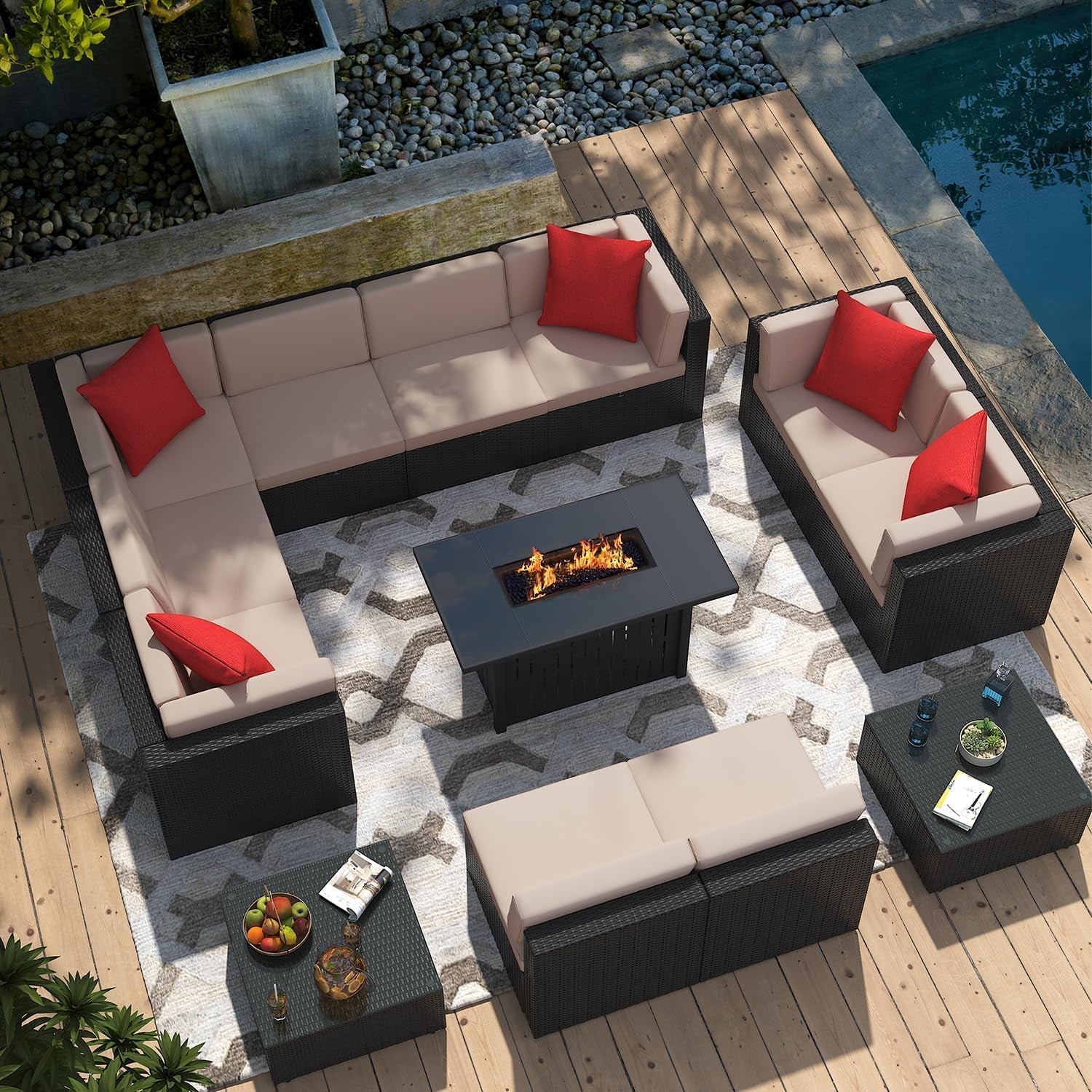 Patio Furniture Sets 13-Pieces Outdoor PE Rattan Sectional Sofa W/43In Gas Fire Pit Table 55000 BTU Add Warmth to Gatherings Parties on Deck Garden Backyard, Light Beige-2