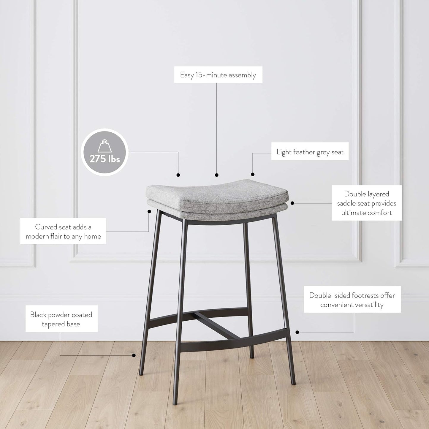 22201 Arlo Modern Backless Upholstered Kitchen Counter Bar Stool with Double-Layered Saddle Seat and Metal Base, Grey/ Matte Black-2