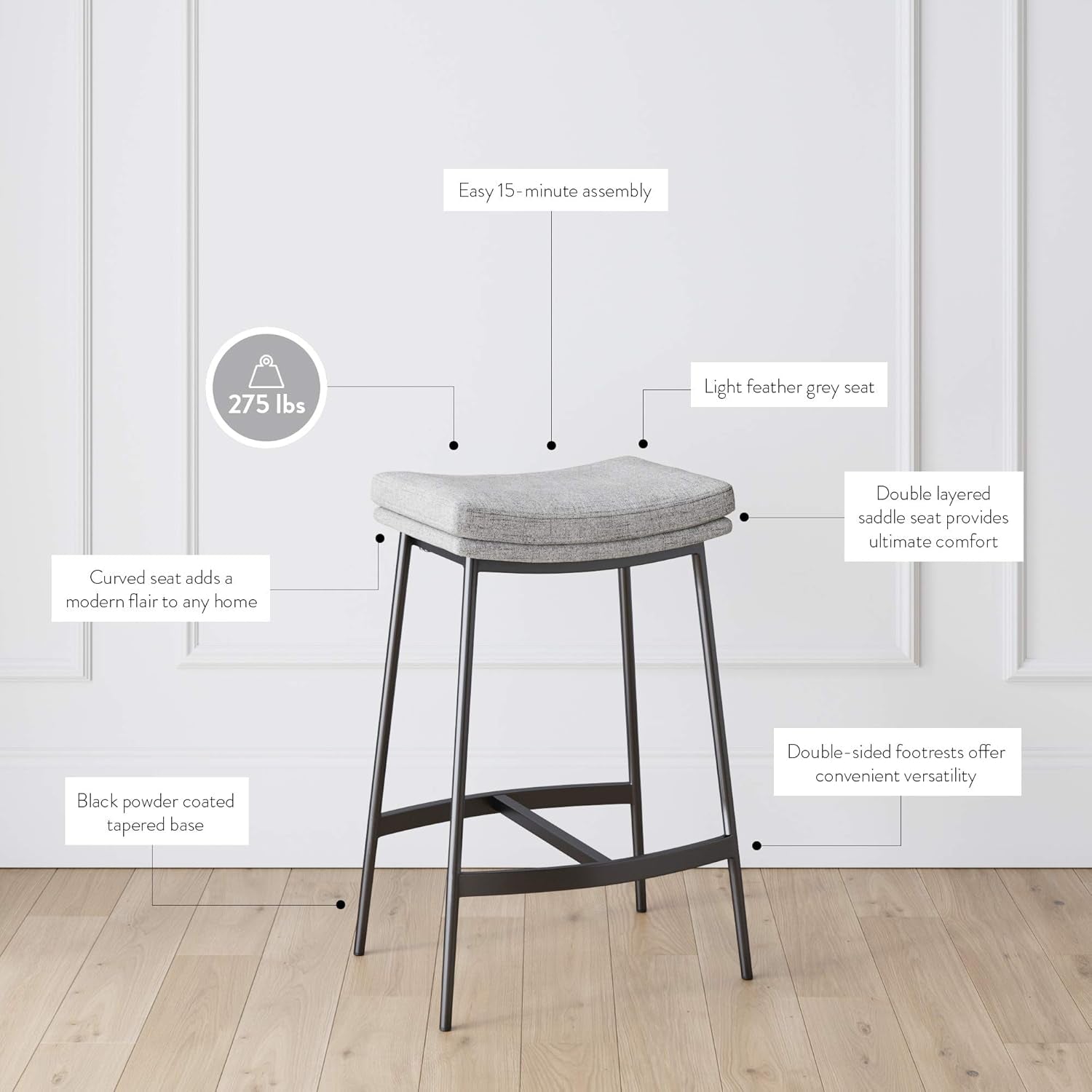22201 Arlo Modern Backless Upholstered Kitchen Counter Bar Stool with Double-Layered Saddle Seat and Metal Base, Grey/ Matte Black-2