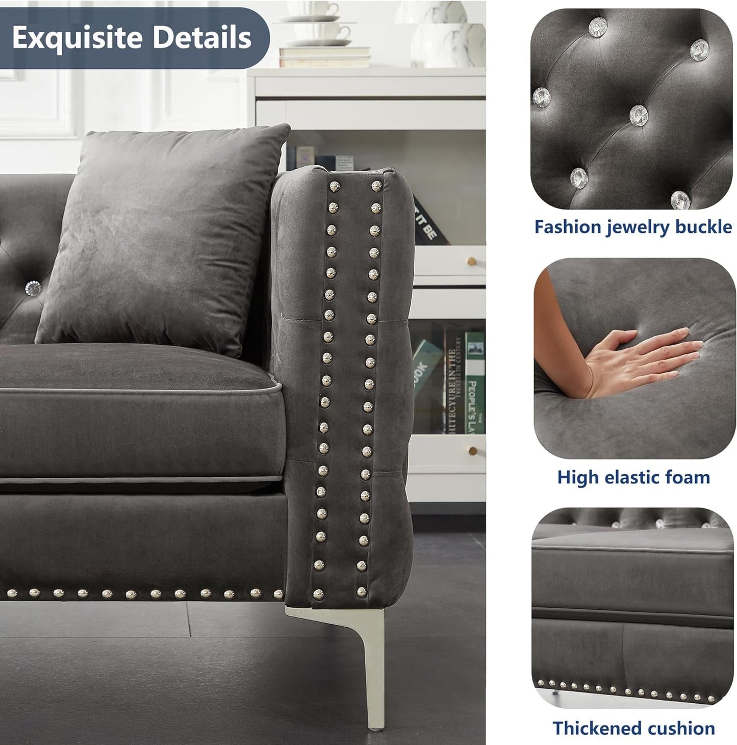 2 Piece Modern Velvet Upholstered Living Room Sofa Set with 3-Seater Sofa and Loveseat, Jeweled Button Tufted Copper Nails Square Arms, 4 Pillows Included, Grey,5 Seater (Grey + Velvet)-4