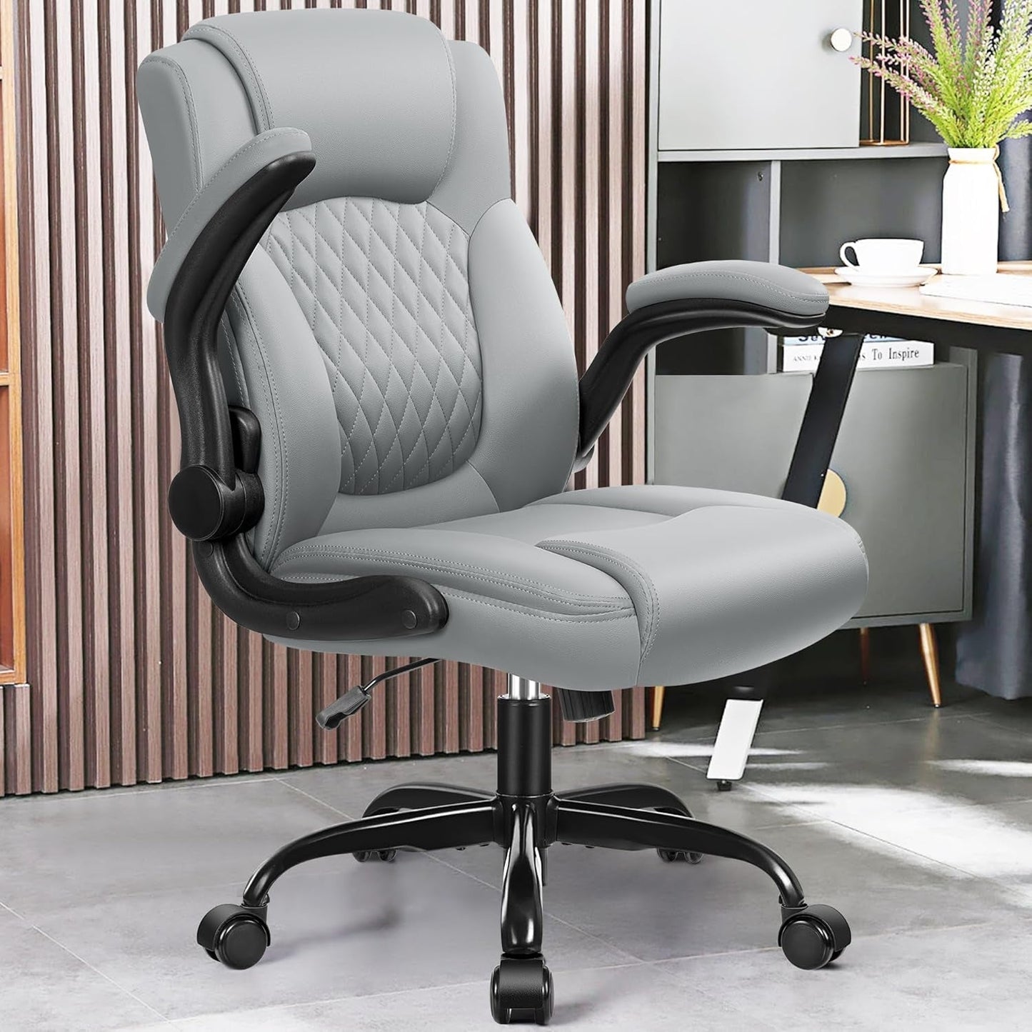 Leather Office Chair, PU Home Computer Desk Chairs with Ergonomic Back Support, 360°Swivel Free，Small Gmaing Chair with Wheels and Adjustable Armrests, for Short People Use, Gray-1