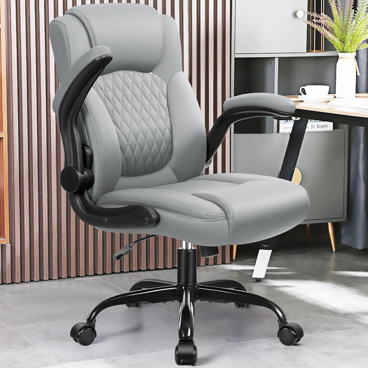Leather Office Chair, PU Home Computer Desk Chairs with Ergonomic Back Support, 360°Swivel Free，Small Gmaing Chair with Wheels and Adjustable Armrests, for Short People Use, Gray-1