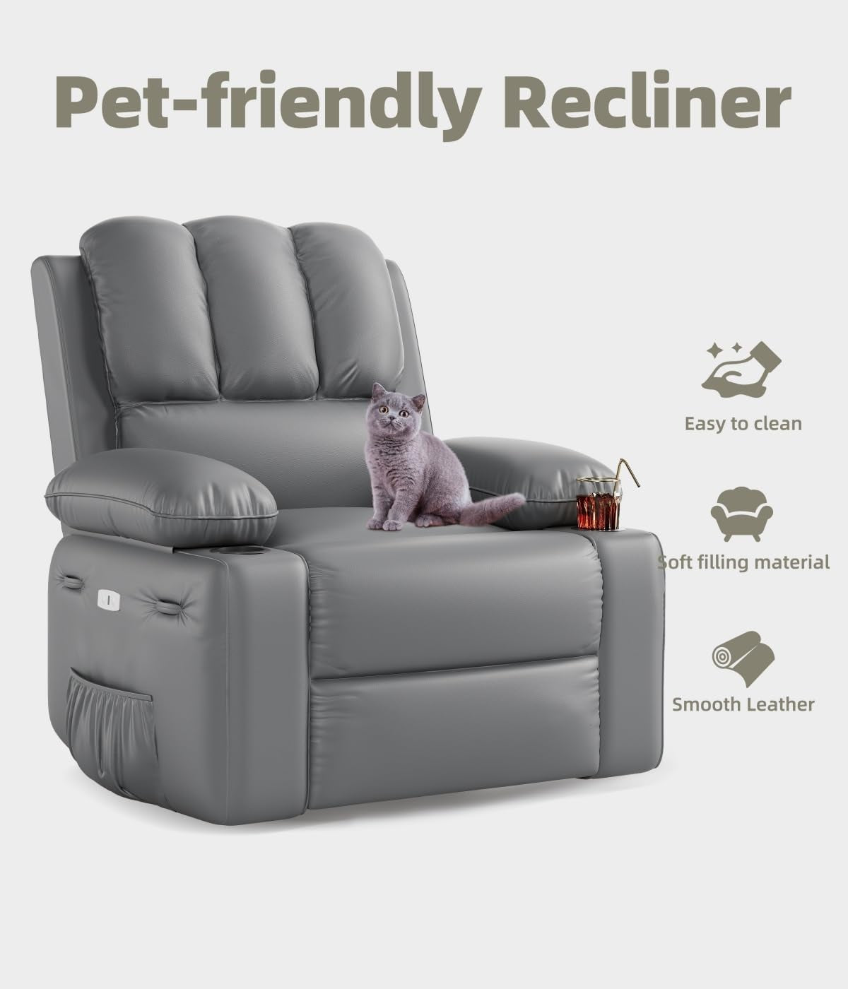 Oversized Power Recliner Chair with Heat and Massage - 360° Swivel Lazy Recliner Chair for Adults, Faux Leather Rocking Chair with Cup Holder for Living Rooms, Bedrooms, and Nurseries - Grey-4