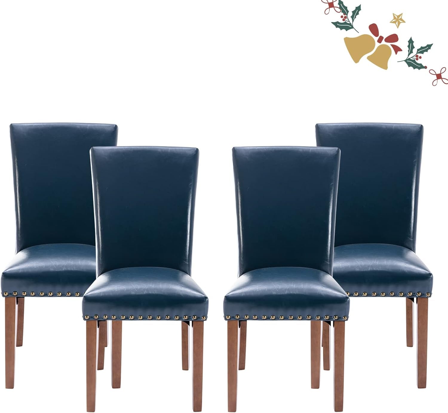 Parsons Dining Chairs Set of 4, Upholstered Nailhead PU Leather Dining Room Kitchen Side Chair with Thick Cushions and Wood Legs, Blue-0