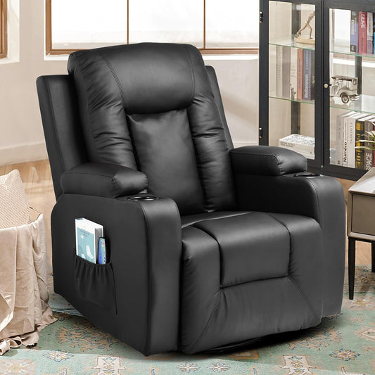 Recliner Chair, PU Rocking Chair for Adults, Swivel Recliner with Cup Holders, Heat and Massage, Single Sofa Seat with Side Pockets for Living Room, Bedroom (Black)-0
