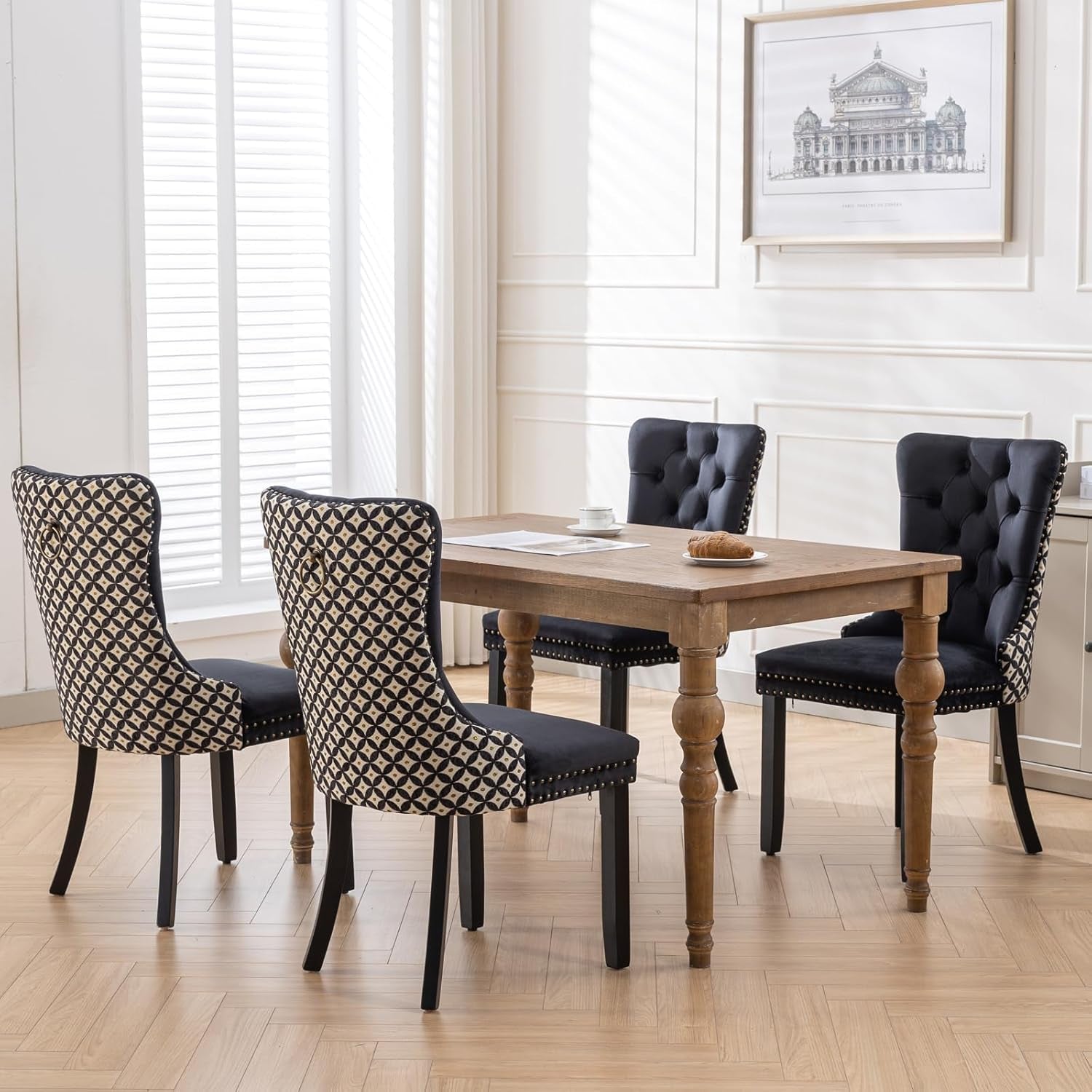 Velvet Dining Chairs Set of 4, High-End Tufted Upholstered Dining Chair with Back Ring Pull, Nailhead Trim and Solid Wood Legs, Modern Dining Room Chairs for Dining Room, Black &Patterned-1