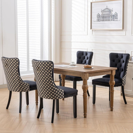 Velvet Dining Chairs Set of 4, High-End Tufted Upholstered Dining Chair with Back Ring Pull, Nailhead Trim and Solid Wood Legs, Modern Dining Room Chairs for Dining Room, Black &Patterned-1