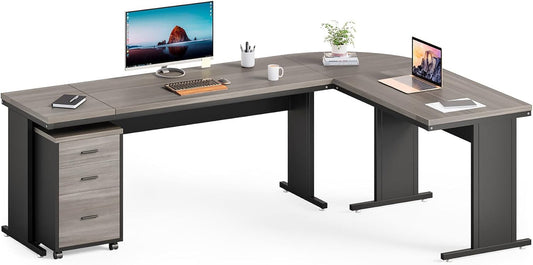 83" Gray Farmhouse L Desk File Cabinet-1