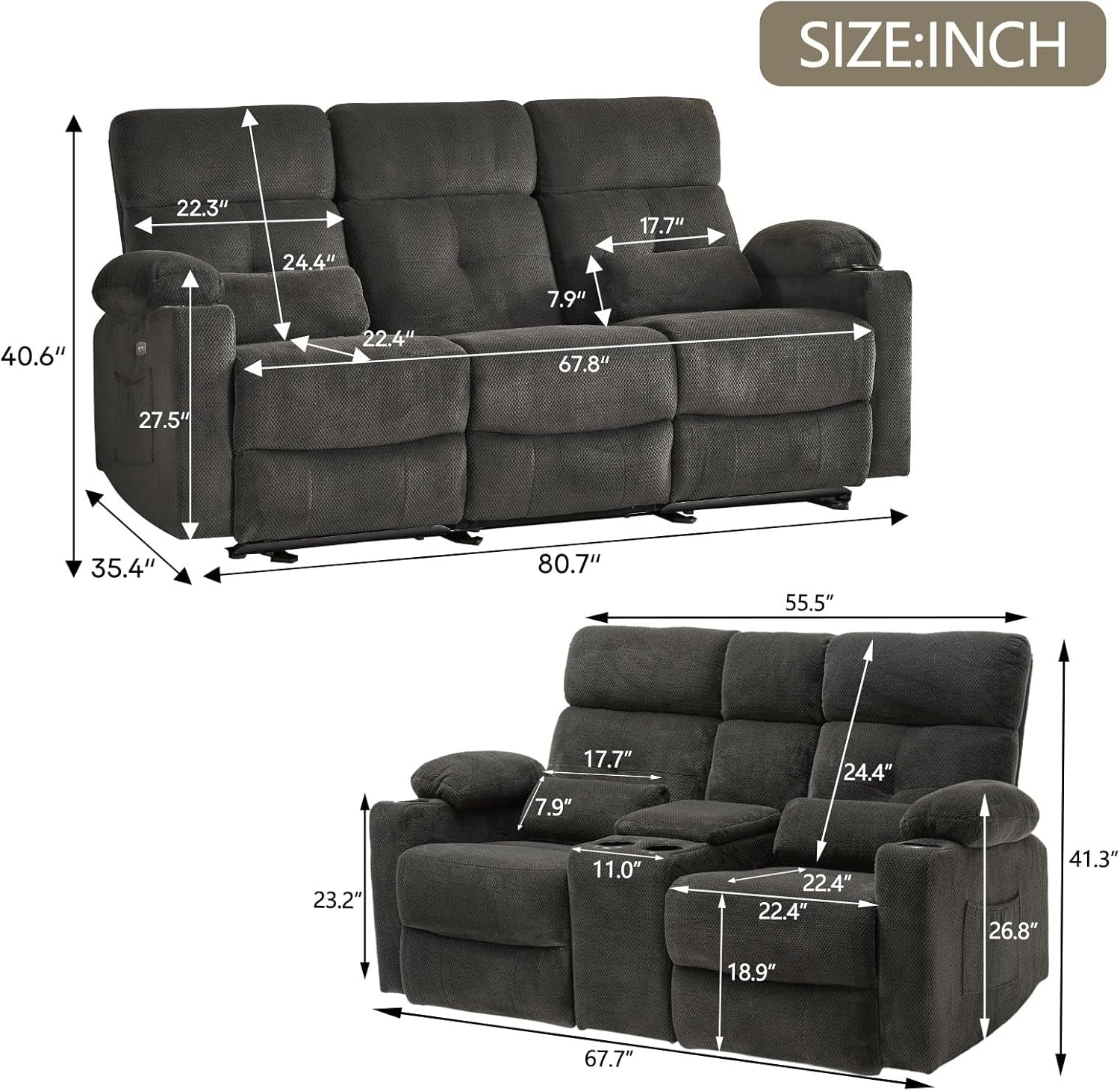 Power Reclining Sofa Set, 2 Pieces Reclining Living Room Set, Power Reclining Sofa and Loceseat Set, Recliner Sofa Set with Massage/Storage/Cup Houlder/Usb Port for Living Room-4