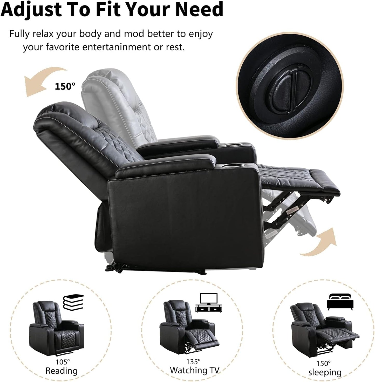 Electric Power Recliner Chair Soft Leather Reclining with USB Ports and Cup Holders, Black Home Theater Seating with Hidden Arm Storage Movie & Media Room Chairs-2