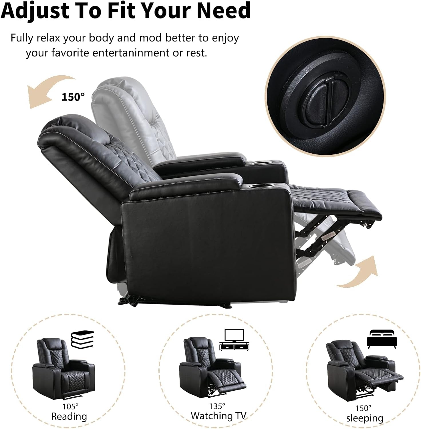 Electric Power Recliner Chair Soft Leather Reclining with USB Ports and Cup Holders, Black Home Theater Seating with Hidden Arm Storage Movie & Media Room Chairs-2
