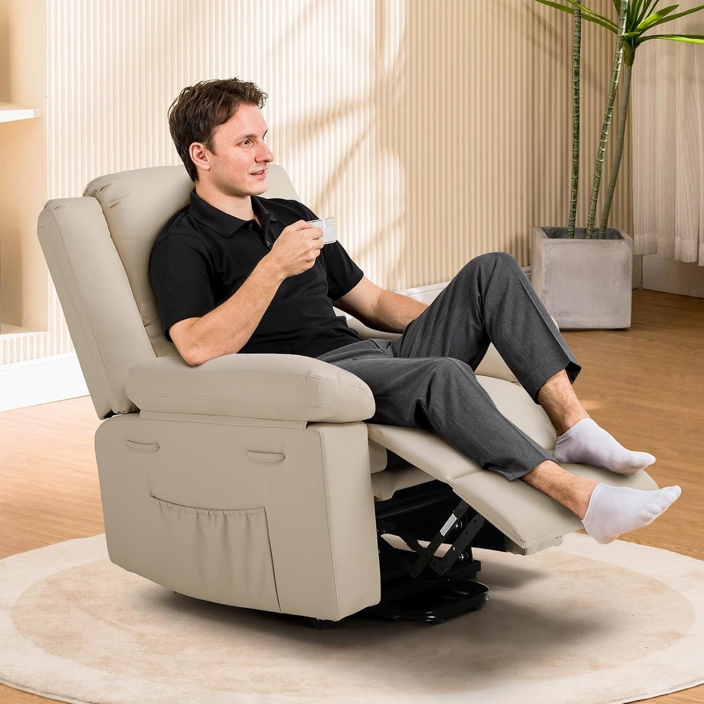 Power Lift Recliner for Elderly, Lift Chair with Heat and Massage，Pu Recliner Sofa with 2 Side Pockets and Infinite Position for Living Room, White-2