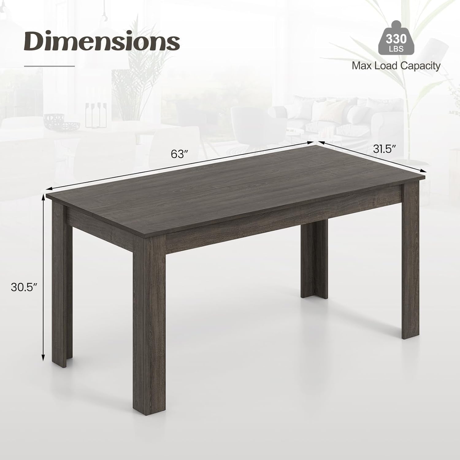 Dining Table, Kitchen Table, 63" L X 31.5" W X 30" H Large Table, Farmhouse Center Table for Living Room, Home Office, 330LBS Capacity, Dinette Table, Dinner Table, Dining Room Table (Grey)-2