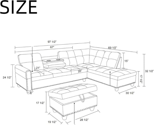 L Shaped Sectional Couches, Modular Sectional Sofa with Ottoman Storage, Nail-Head Design Lounge Sofa with Reversible Cup Holder for Living Room, Bedroom, Gray-1