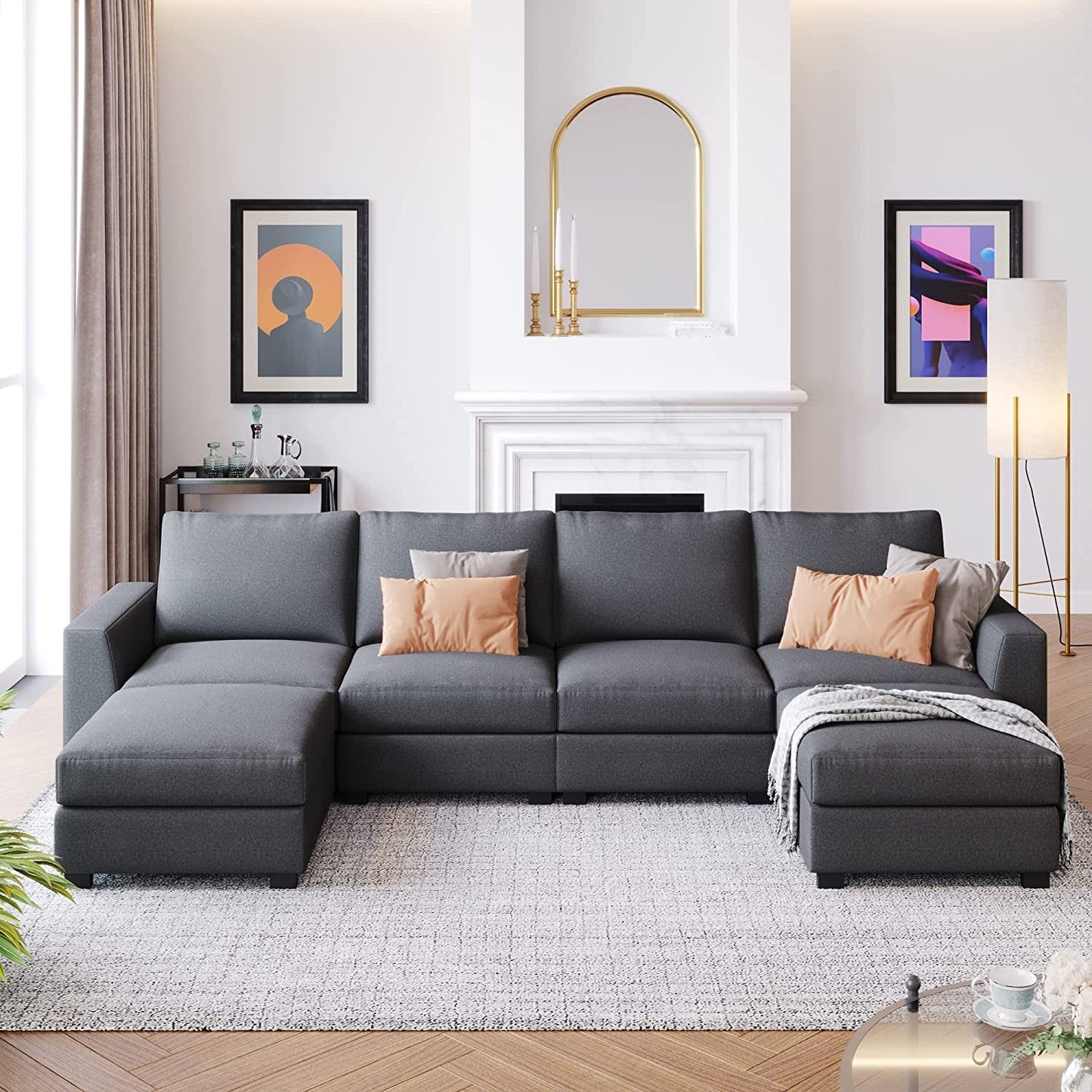 Convertible Sectional Sofa Couch, Modern Fabric U-Shaped Living Room Furniture Set with Removable Ottomans, 4-Seat Upholstered Couch with Wide Armrest for Office, Apartment-2