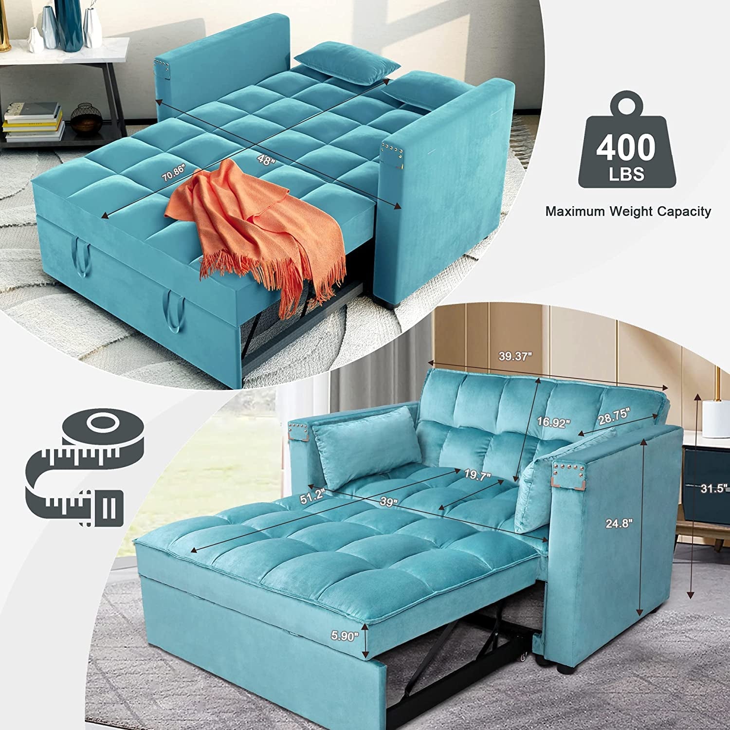 Multi-Functional Velvet Sleeper Sofa with Hidden Table-3