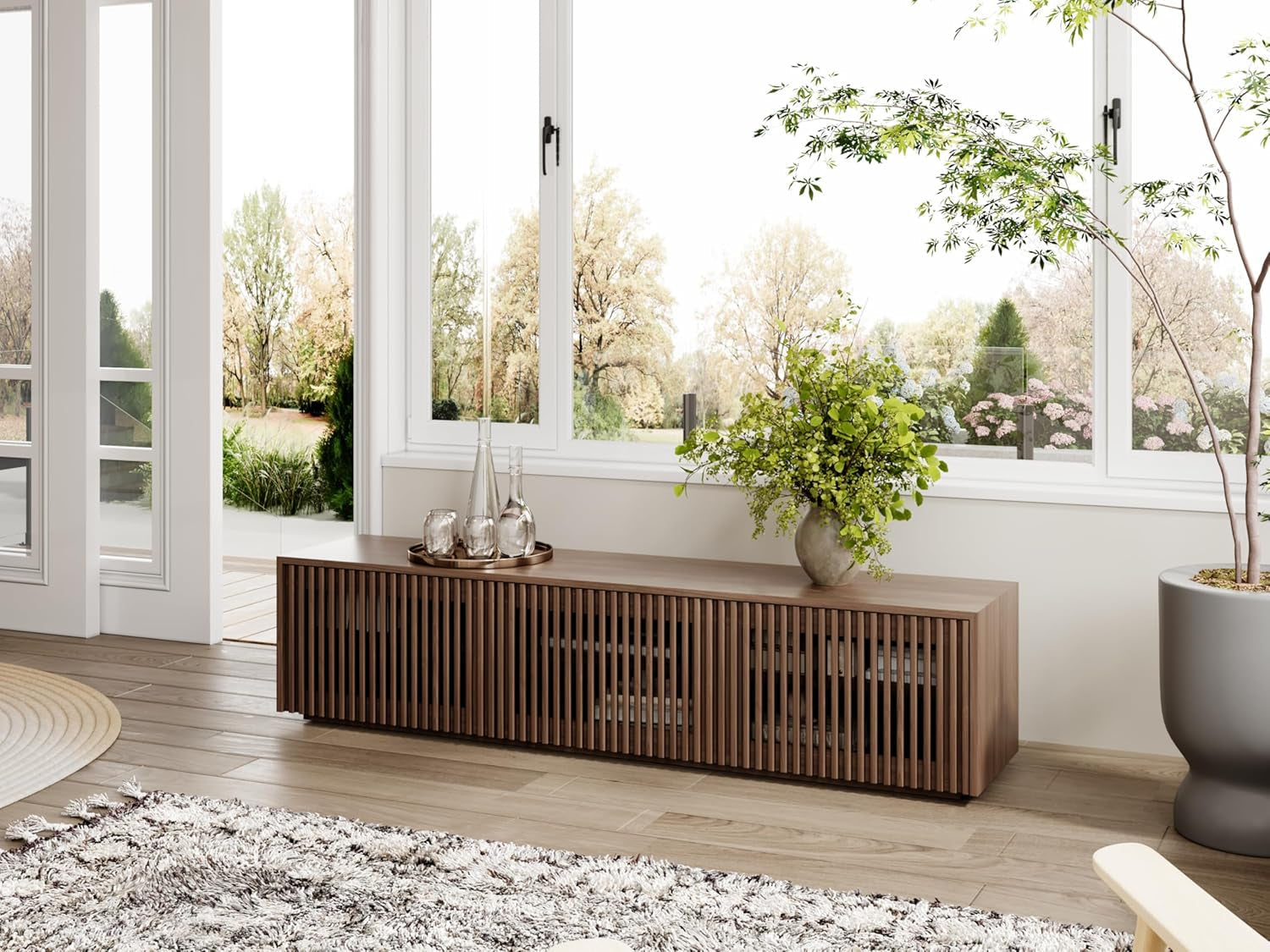 Mid Century Modern TV Stand, Solid Wood Media Console for 65 Inch TV, Full Assembled Farmhouse Entertainment Center with Storage for Living Room, Low Cabinet with Removable Shelves-4