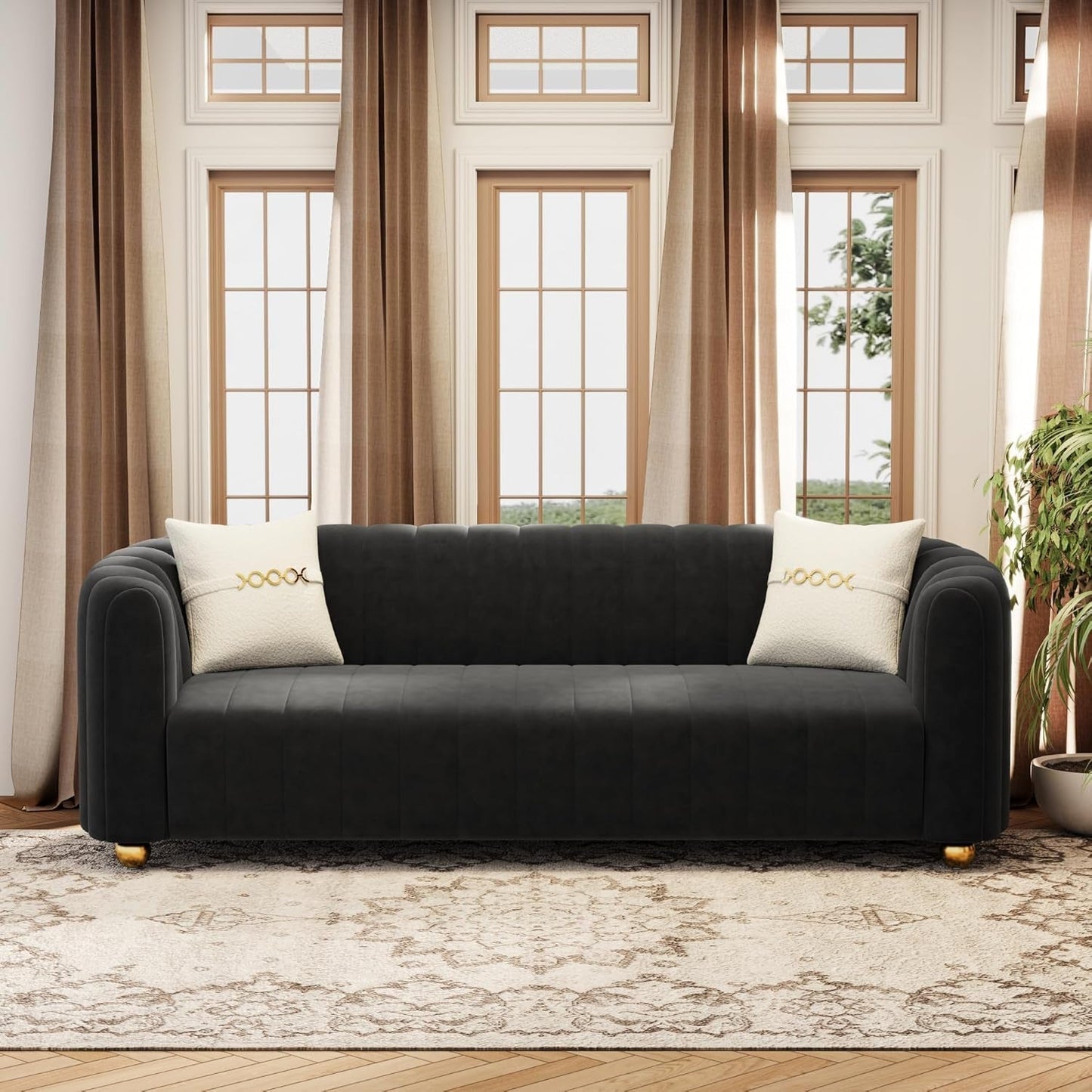 KEAI Black Velvet Tufted Sofa Set for Living Room, 3 Piece Modern Design Couch Set with Gold Metal Ball Legs, Lovely Upholstered Sherpa Furniture Set for Office (Black, 1+1+3 Set)-3