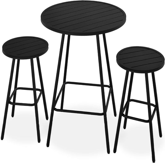 3 Piece Bar Height Patio Bistro Set, Patio Furniture Set, Outdoor round Bar Table, Steel W/Backless Bar Stools - Black-0
