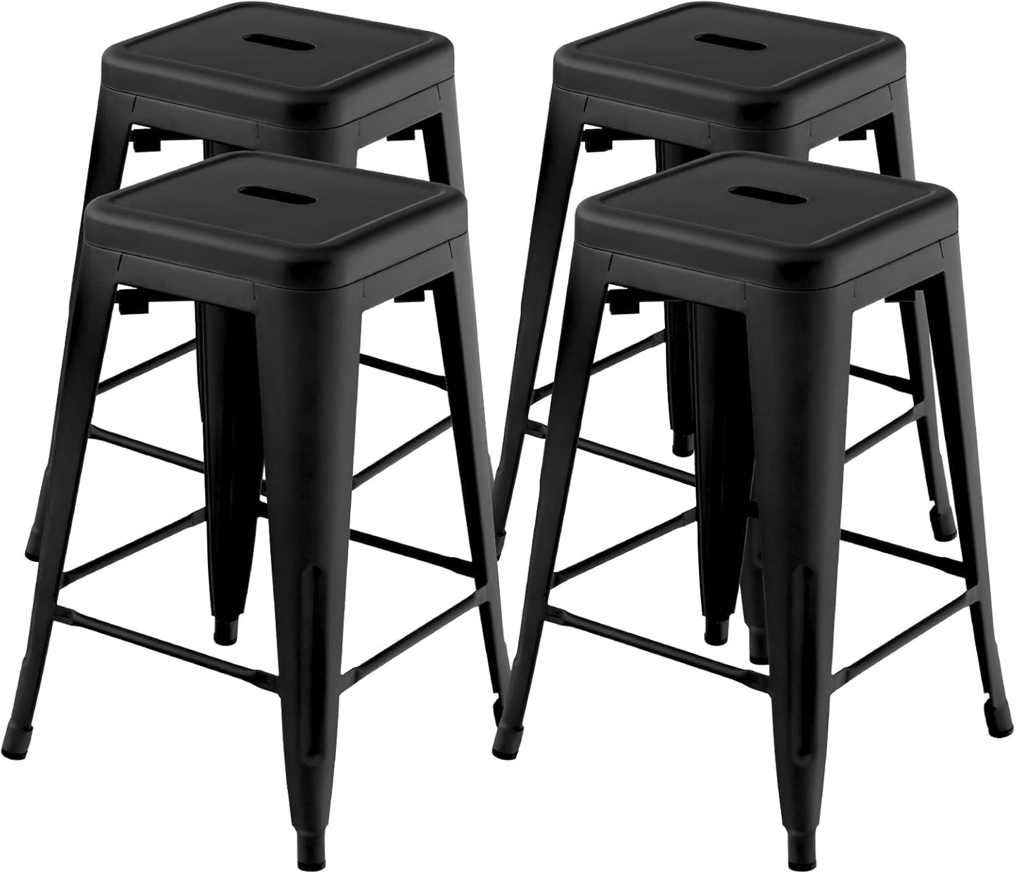 Bar Stools Set of 4, 24” Stackable Metal Stools with Square Seat & Handing Hole, X-Shaped Reinforced Design, Backless Bar Chairs for Kitchen, Dining Room, Pub (Black, 24‘’)-0