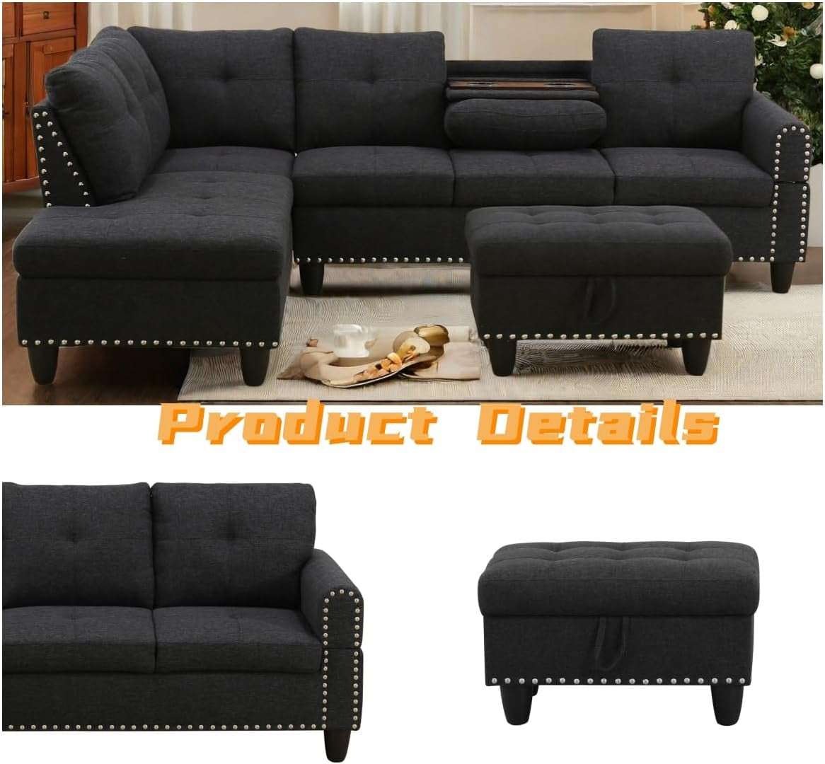 L Shaped Sectional Couch with Otttoman, 97" Sectional Sofa for Living Room Flannel Modular Couches with Cup Holders for Bedroom, Apartments, Black Grey-3