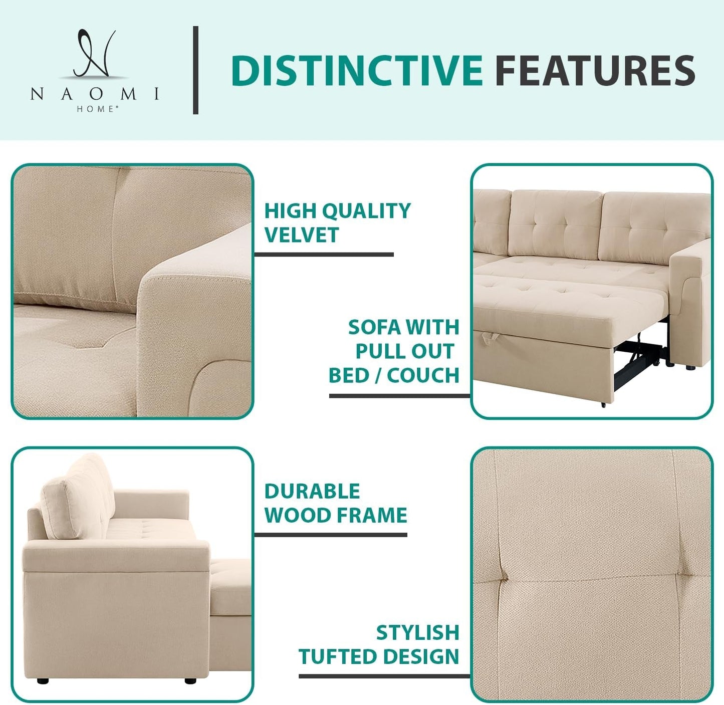 Jenny Sectional Sofa Sleeper with Storage Chaise, Tufted Pull Out Couch with Storage, Sectional Sofa Bed, L-Shaped Reversible Sleeper Sofa with Storage, Beige,Velvet-2