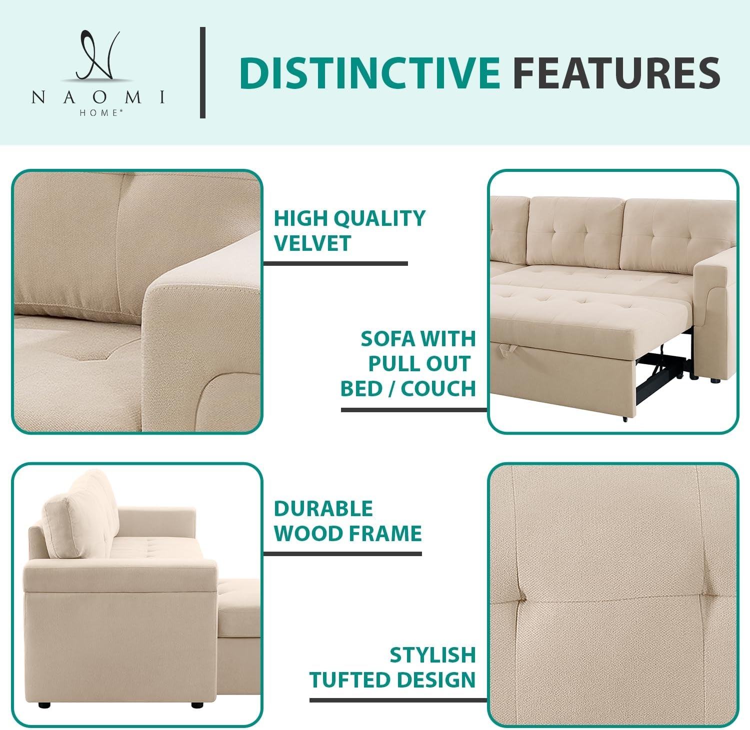 Jenny Sectional Sofa Sleeper with Storage Chaise, Tufted Pull Out Couch with Storage, Sectional Sofa Bed, L-Shaped Reversible Sleeper Sofa with Storage, Beige,Velvet-2