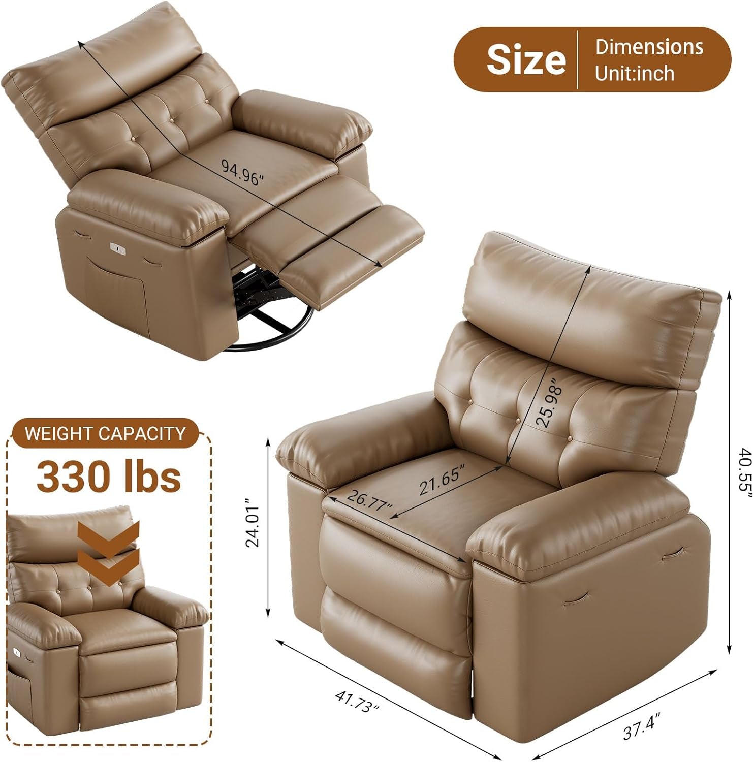 Oversized Recliner Chair for Adults,Pu Leather Electric Rocker Recliner,360 Degree Swivel Lounge Chair with Side Pocket,Modern Massage Recliner Chair Sofa for Living Room,Bedroom (Light Brown)-1