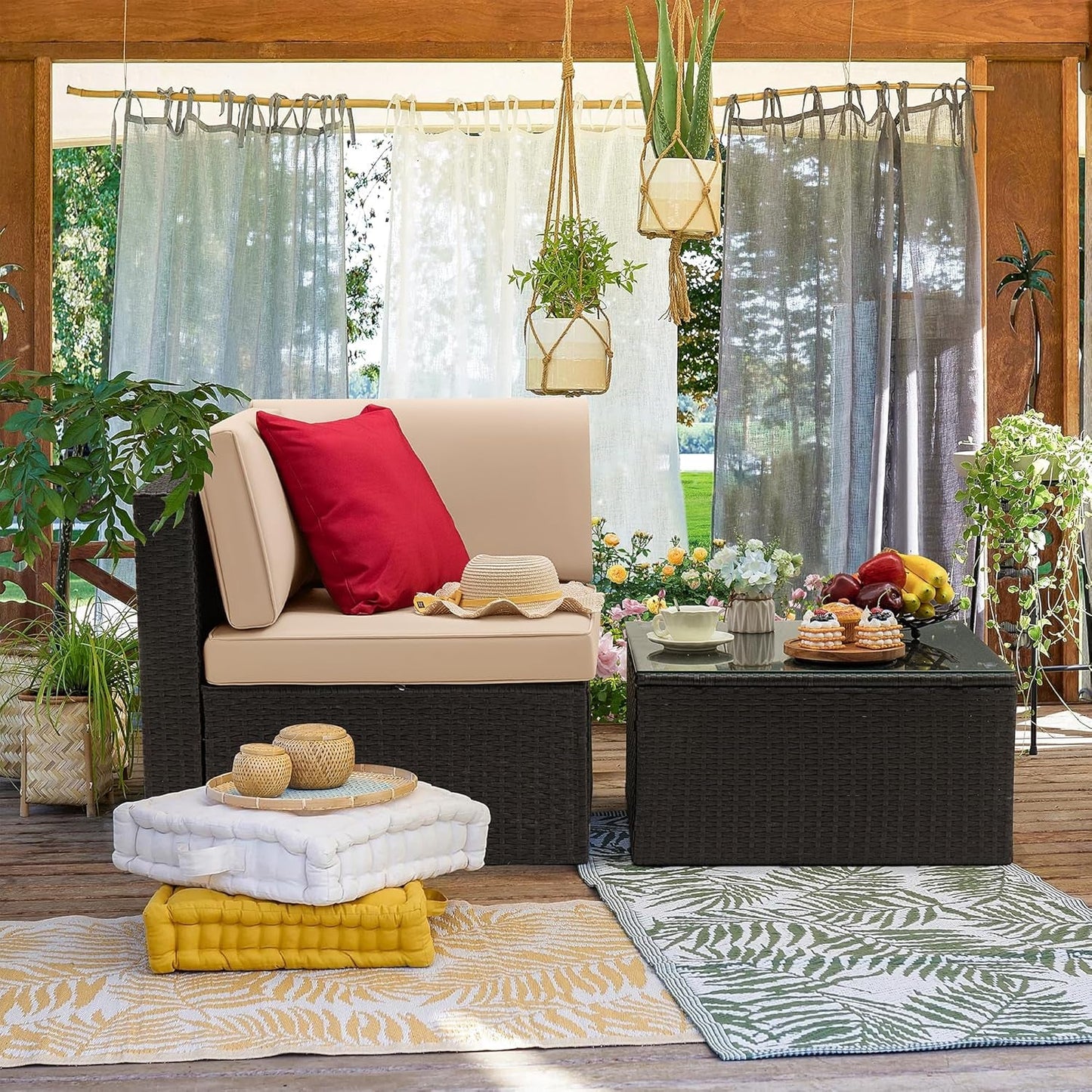 2 Piece Patio Furniture Set, All Weather PE Rattan Outdoor Sofa Set Single Sofa with Table for Garden Lawn Poolside (2 Piece, Beige)-1