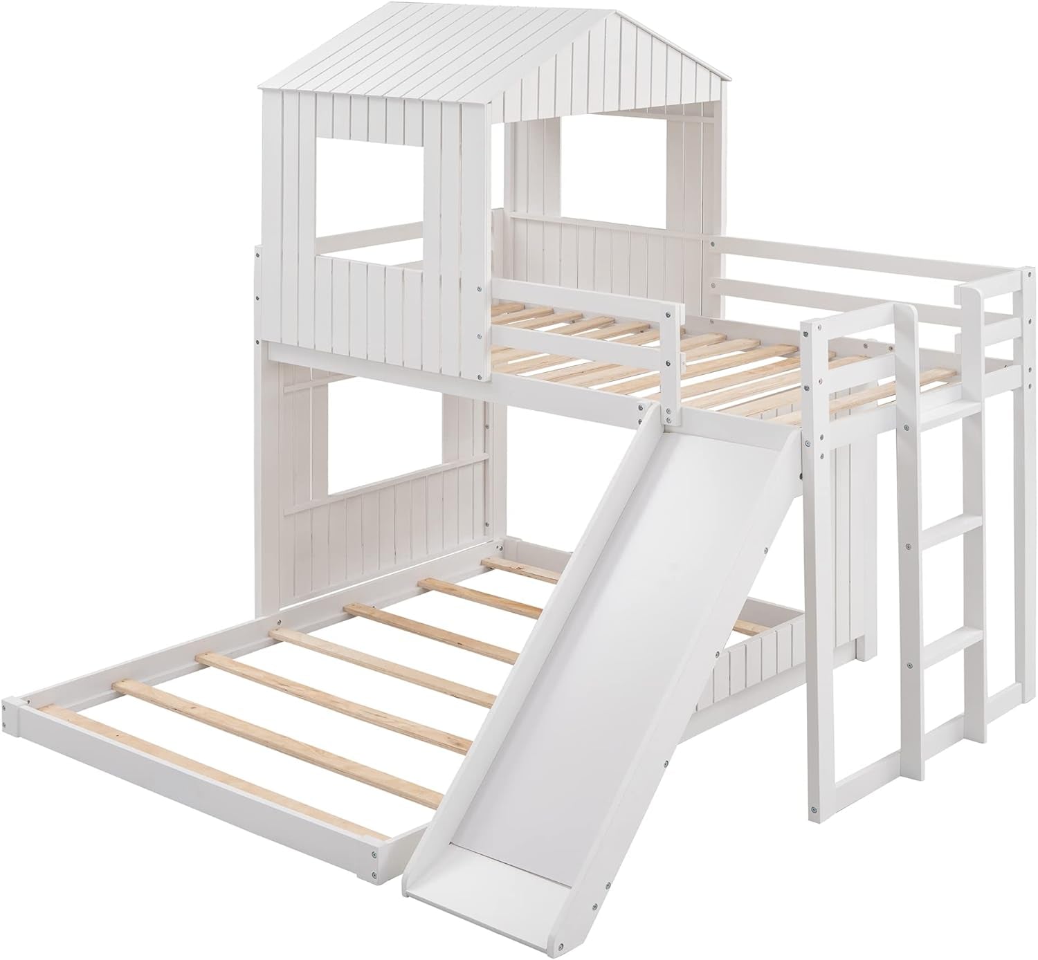 Twin over Full Bunk Bed Frames Loft Bed with Slide, House Roof, Window and Safety Guardrails for Boys or Girls, White-3
