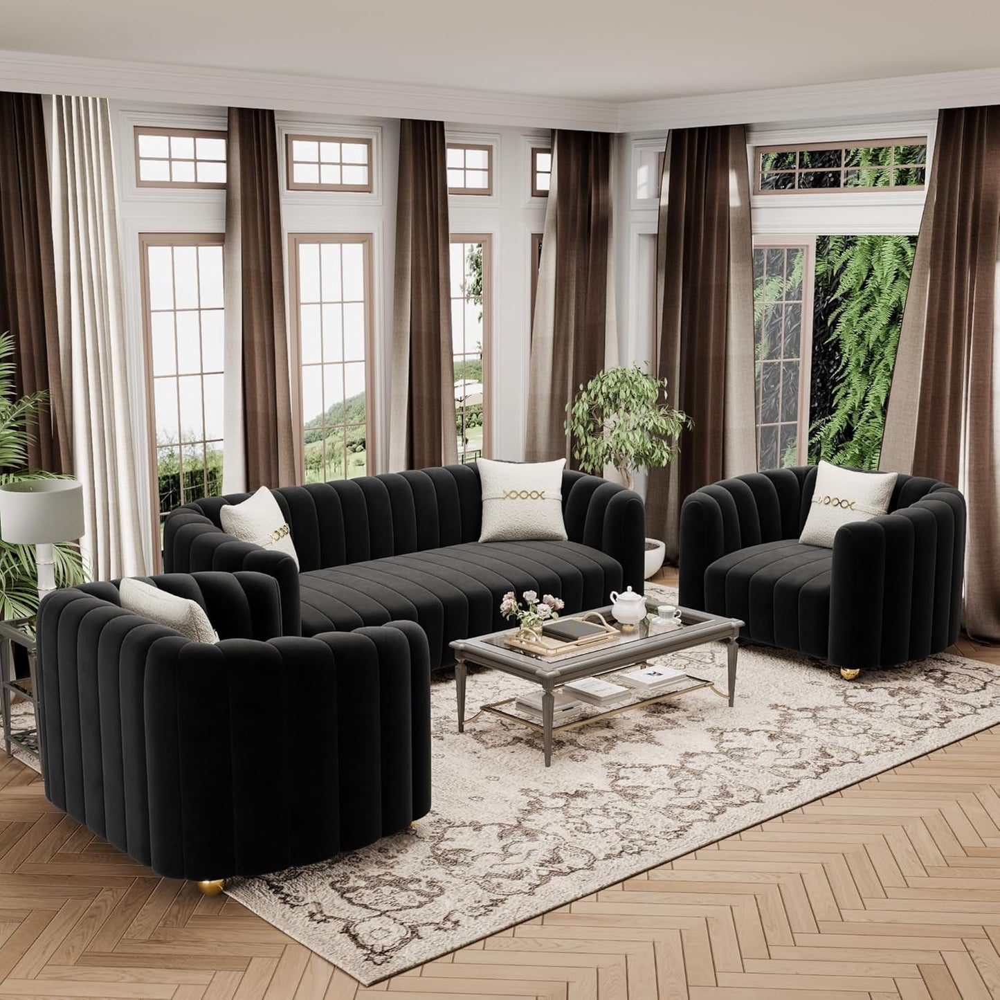 KEAI Black Velvet Tufted Sofa Set for Living Room, 3 Piece Modern Design Couch Set with Gold Metal Ball Legs, Lovely Upholstered Sherpa Furniture Set for Office (Black, 1+1+3 Set)-1
