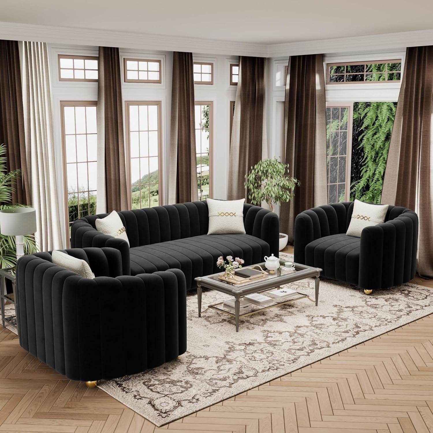 KEAI Black Velvet Tufted Sofa Set for Living Room, 3 Piece Modern Design Couch Set with Gold Metal Ball Legs, Lovely Upholstered Sherpa Furniture Set for Office (Black, 1+1+3 Set)-1