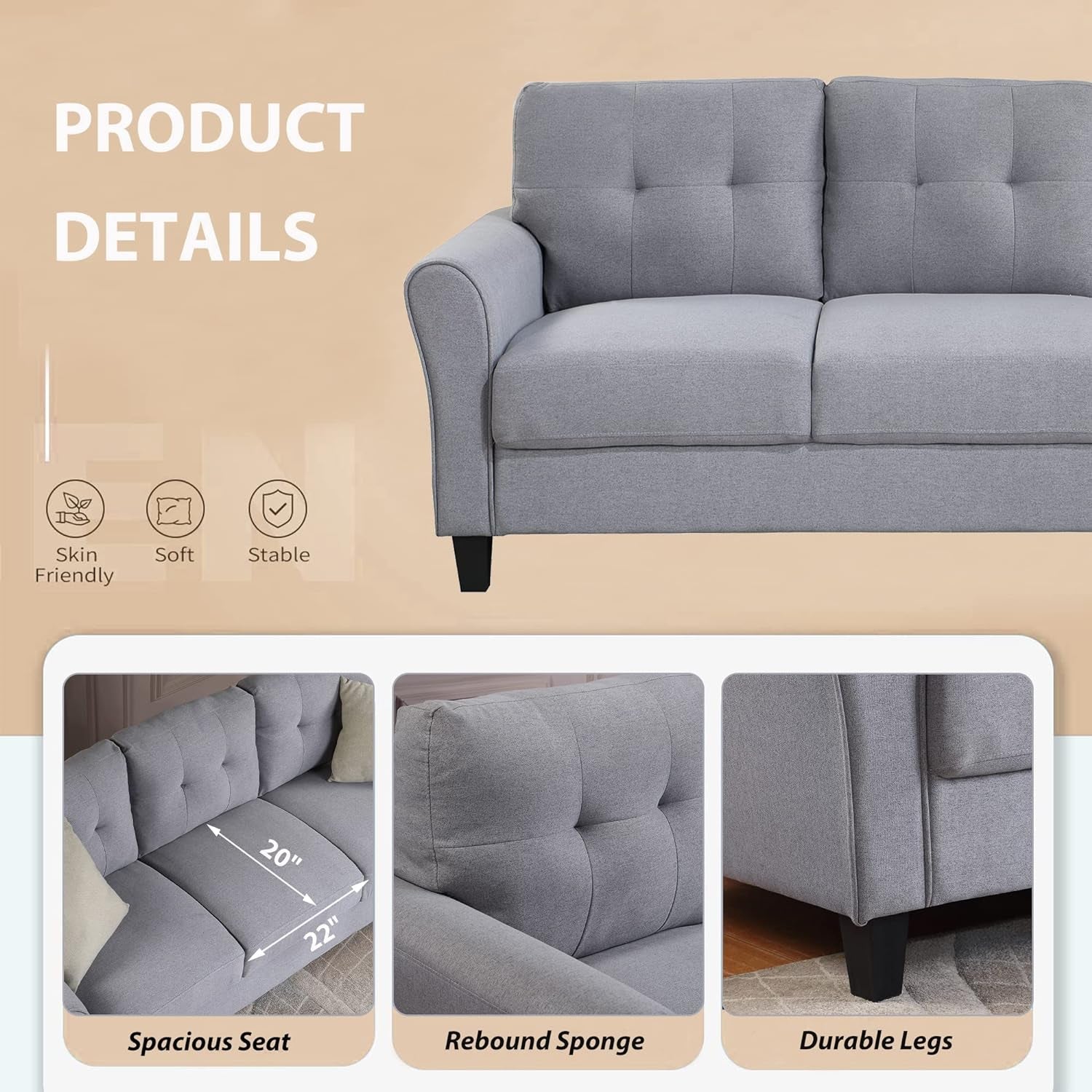 2-Piece Living Room Sectional Sofa Set, Modern Style Button Tufted Linen Upholstered Armchair and Loveseat Sofa Sectional Couch Set, Light Grey-Blue-4