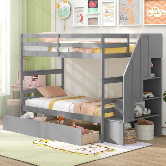 Bunk Bed Twin over Twin with Storage Stairs & Drawers, Solid Wood Bunk Bed with Full-Length Guardrails, Convertible to 2 Beds, Versatile Bunk Beds for Kids, Teens, Adults, Grey-0