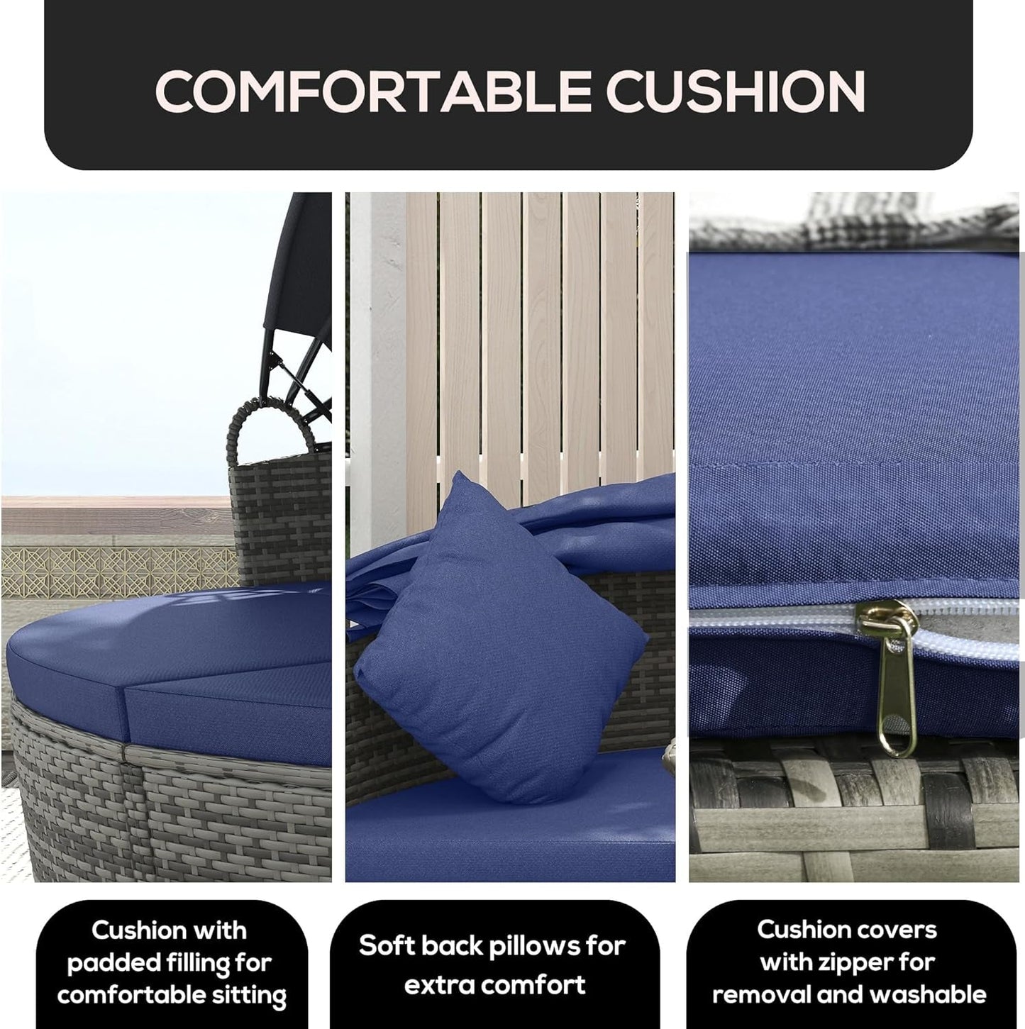 4 Piece round Rattan Daybed, Convertible Patio Furniture Set, Adjustable Sun Canopy, Sectional Outdoor Sofa, 2 Chairs, Extending Tea Table Ottoman Chair, 3 Pillows, Dark Blue-2