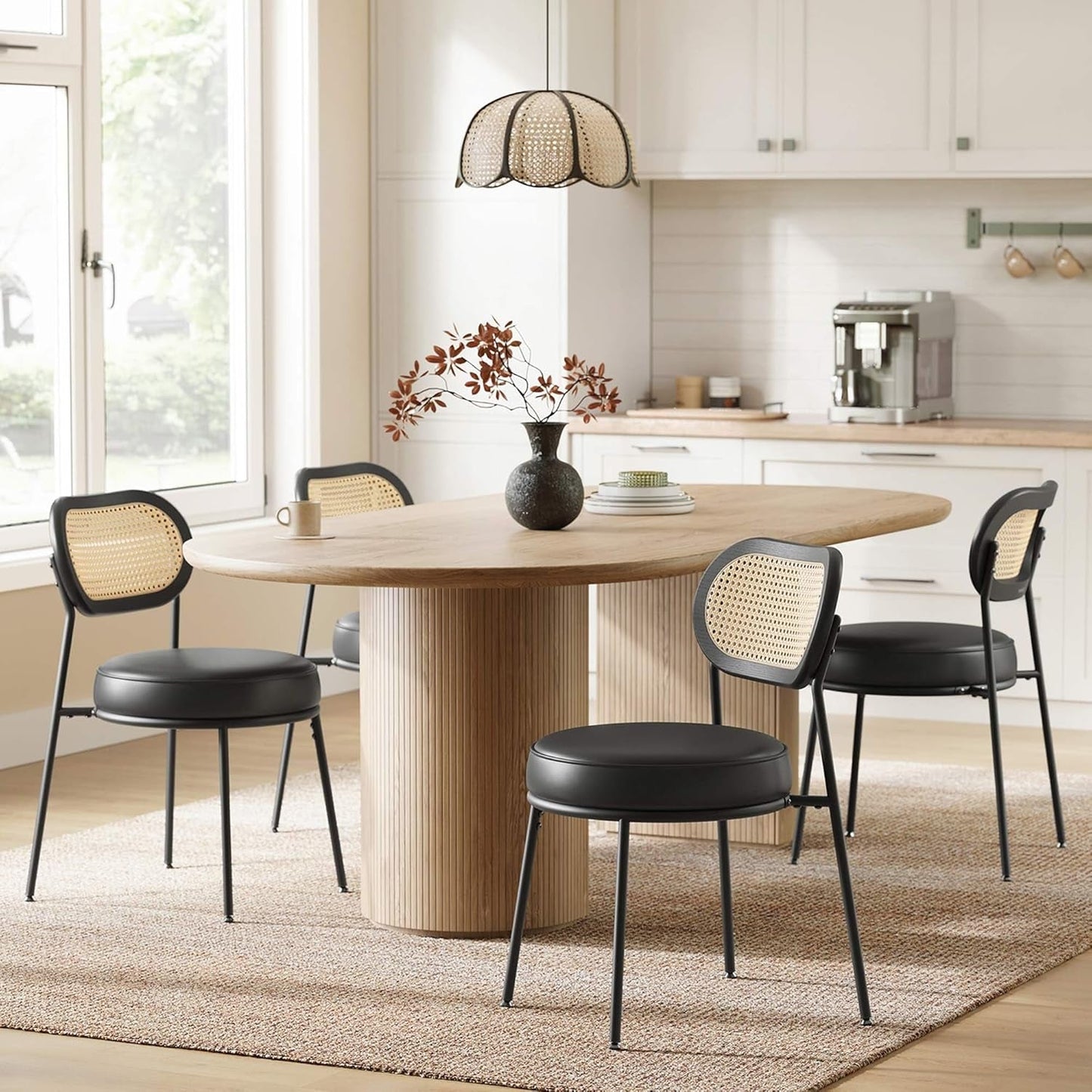 Dining Chairs, Set of 4 Dining Room Chairs with Boho PE Rattan Back, Synthetic Leather Upholstered Accent Chairs for Kitchen Living Room, Ink Black ULDC160B24-0