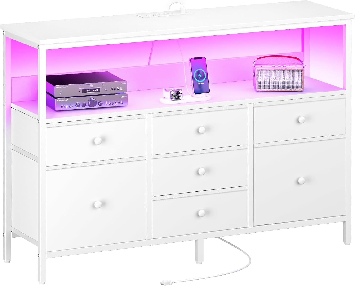 TV Stand Dresser for Bedroom, 7 Fabric Drawers Entertainment Center, LED Dressers with Power Outlets, TV Stands for Living Room with Storage Shelf, TV Console Entertainment Stand up to 50" TV-0