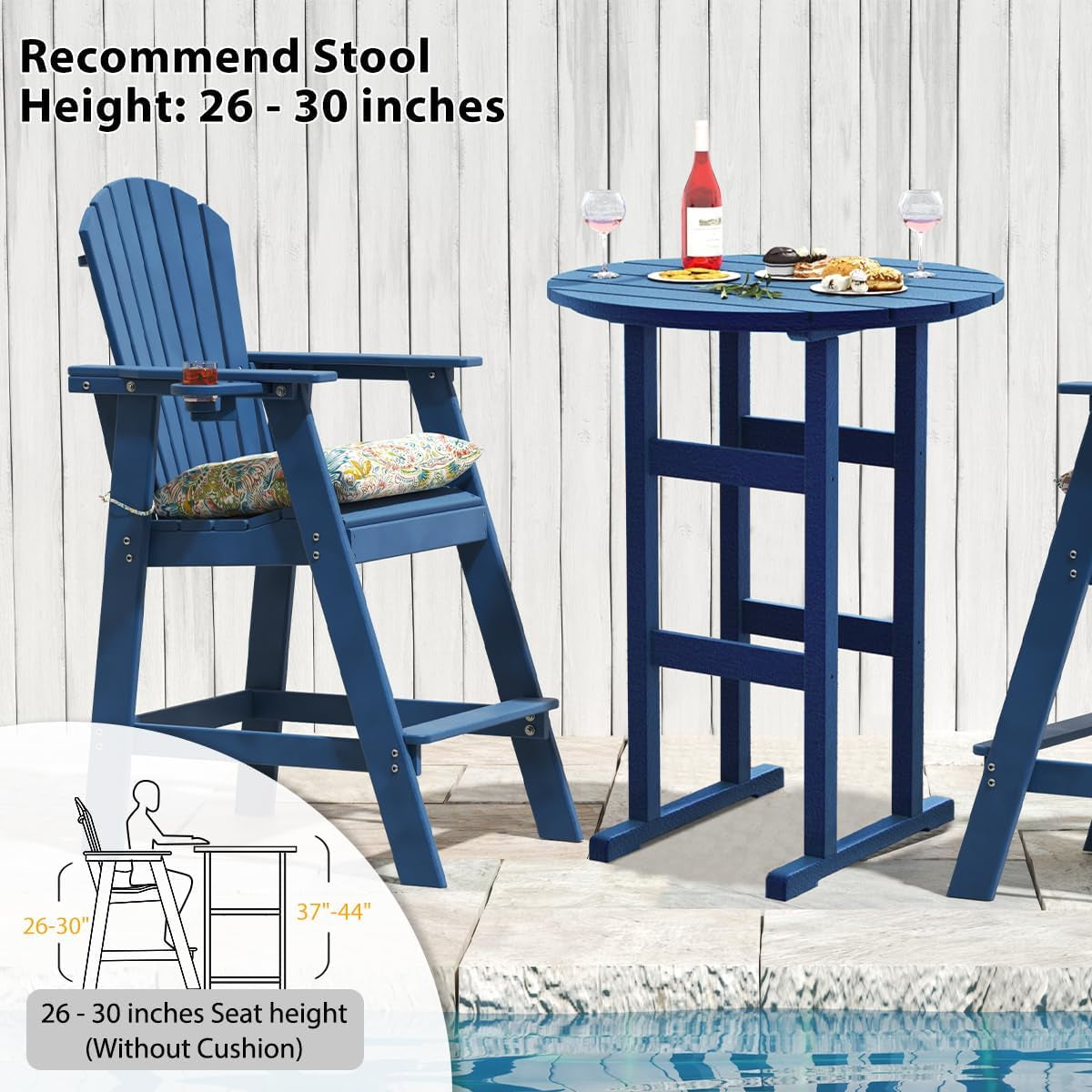 5 Pieces Adirondack Bar Set, Patio Counter Height Adirondack Chairs Set of 4 and round Table, High Top HDPE Stools and Pub Table, Tall Bistro Dining Furniture Set for 4, Navy Blue-3
