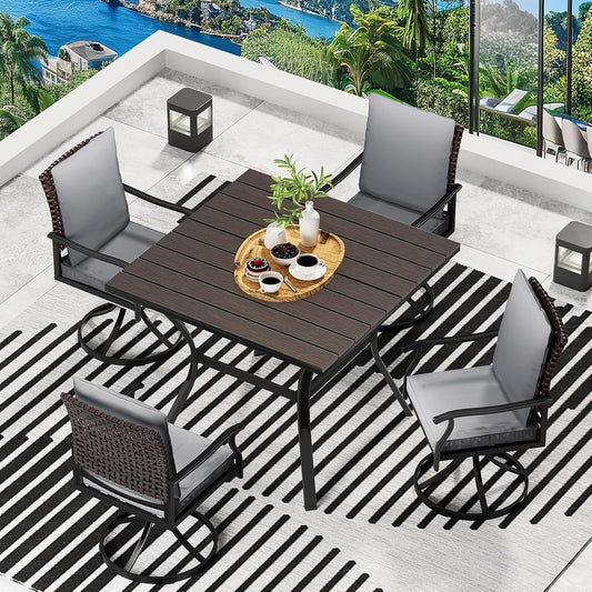 5 Piece Outdoor Patio Dining Set with 4 Swivel Dining Chairs & 1 Large round Dining Table,Bistro Furniture Set for Lawn, Garden, Deck, Backyard and Porch-1