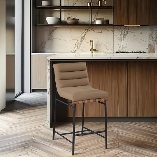 813Tan-C Burke Collection Modern | Contemporary Counter Stool with Soft Tan Vegan Leather, Tan Vegan Leather Straps, Matte Black Metal Frame, 18" W X 24" D X 37.5" H, Tan-1