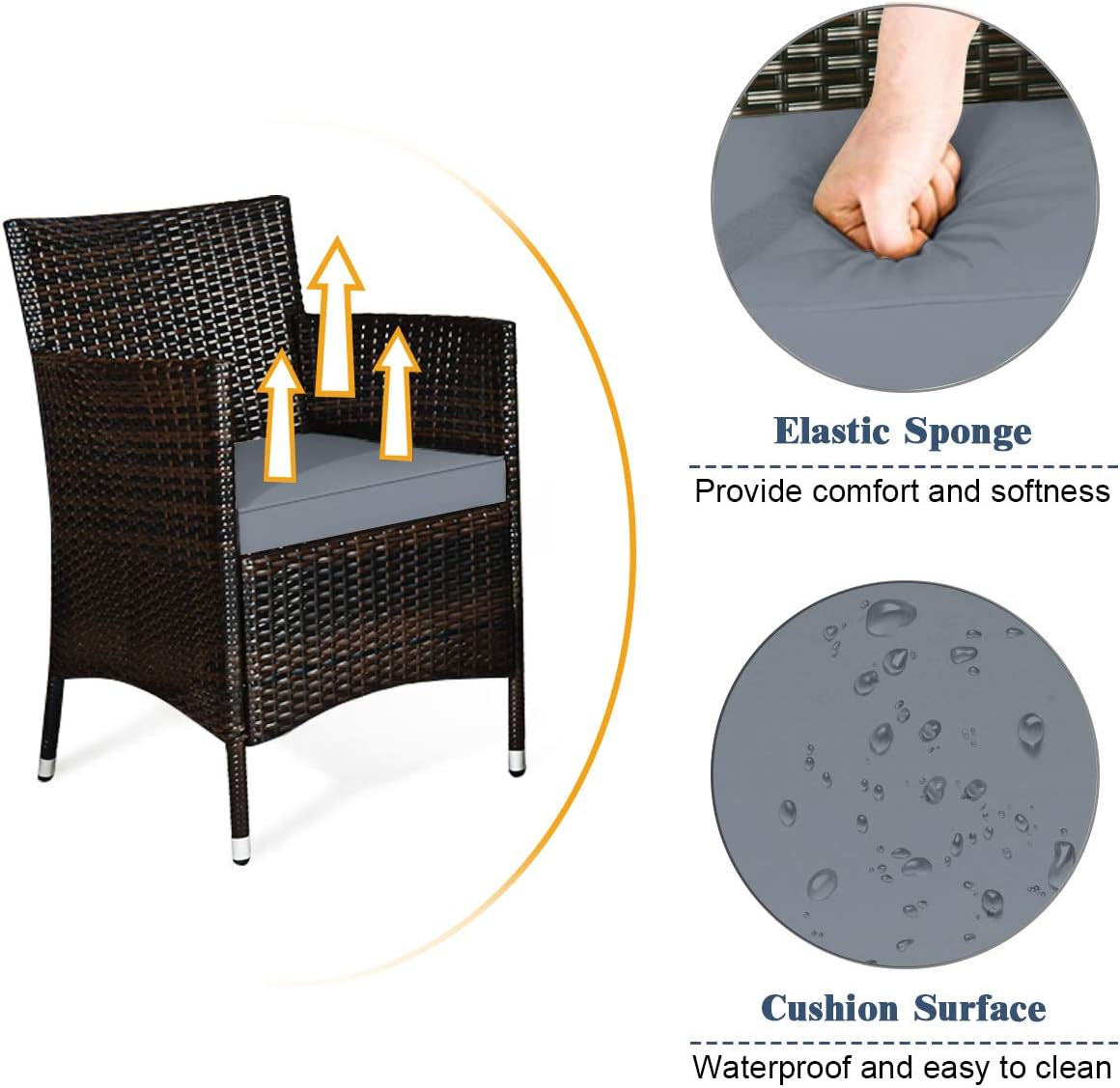 4PCS Rattan Patio Furniture Set, Outdoor Wicker Rattan Chairs with Coffee Table, Rattan Cushioned Conversation Set for Backyard Balcony Porch Poolside, Grey-4