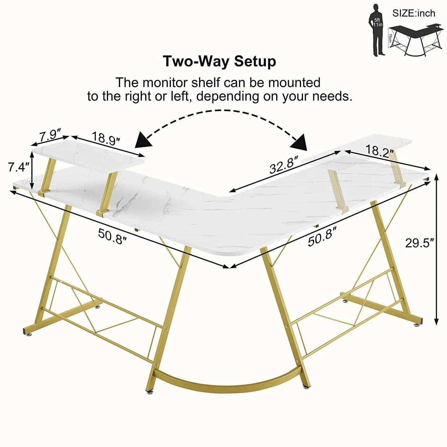 Marble Laminate L-Shaped Gaming Desk with Monitor Stand-2
