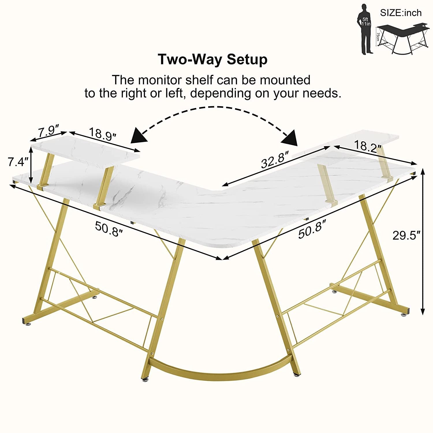 Marble Laminate L-Shaped Gaming Desk with Monitor Stand-2