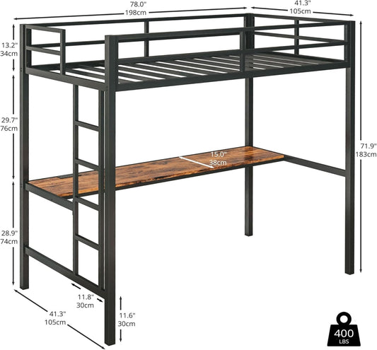 Loft Bed Twin Size with Desk, Metal Loft Bed Frame with Power Outlet and LED Lighted, Space-Saving, Noise Free, Black-1