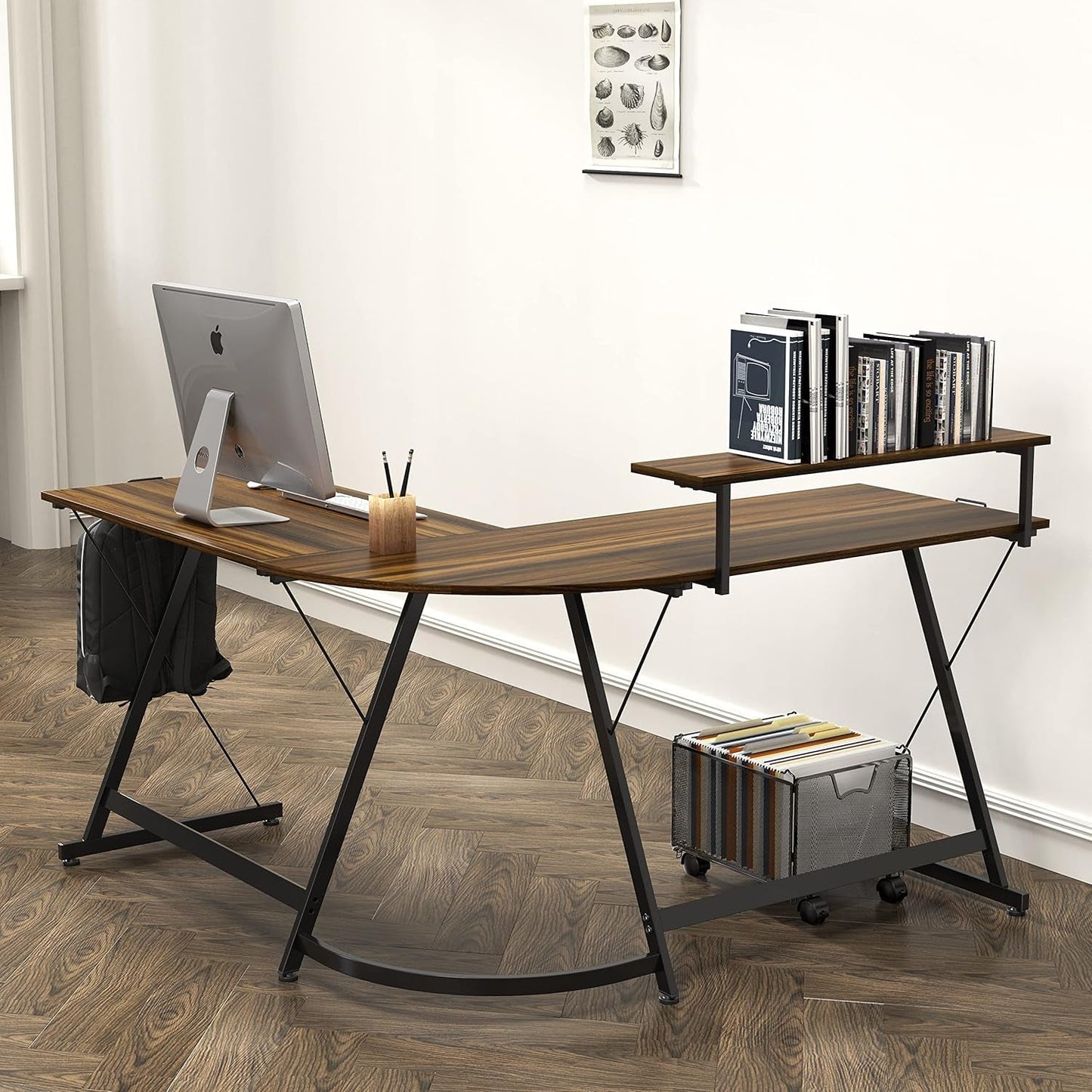 Vista L-Shape Desk with Monitor Stand, Walnut-1